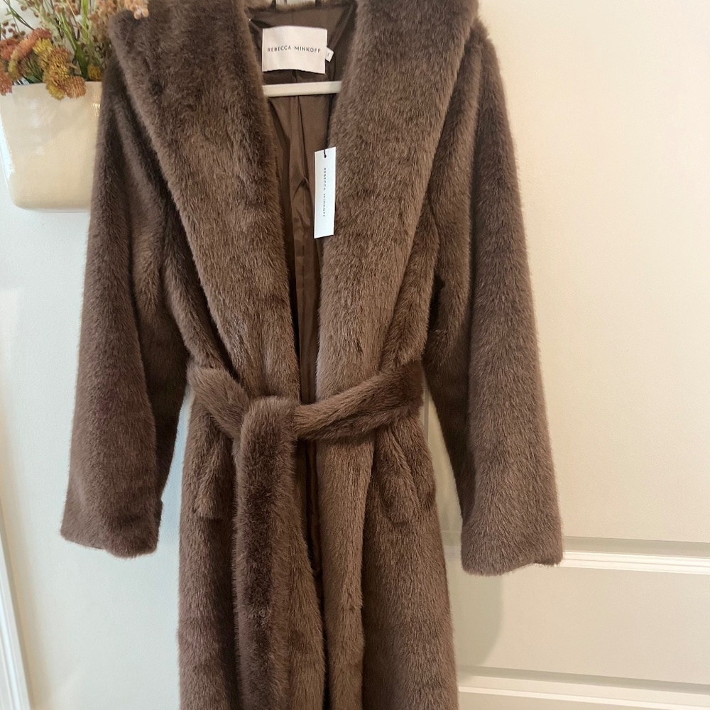 Rebecca Minkoff maxi length faux fur hooded belted wrap coat